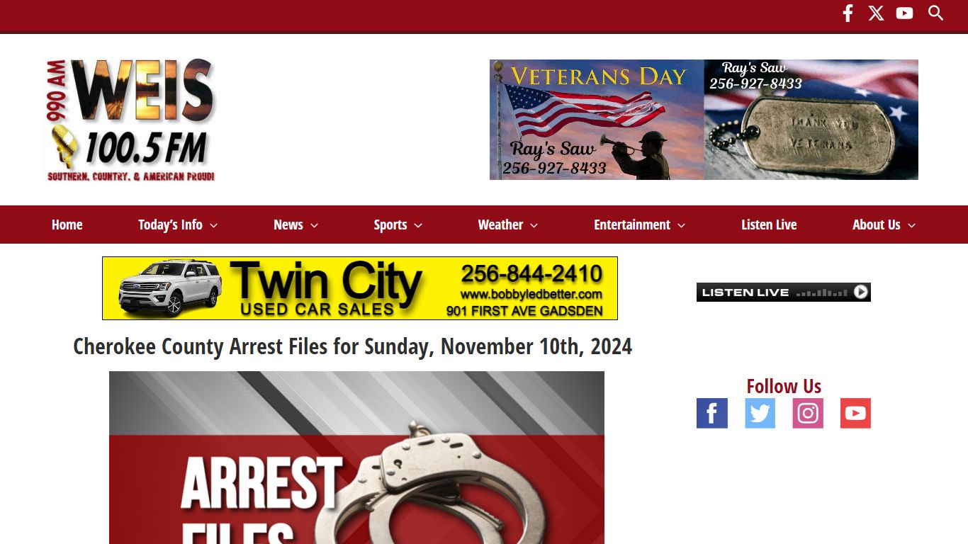 Cherokee County Arrest Files for Sunday, November 10th, 2024